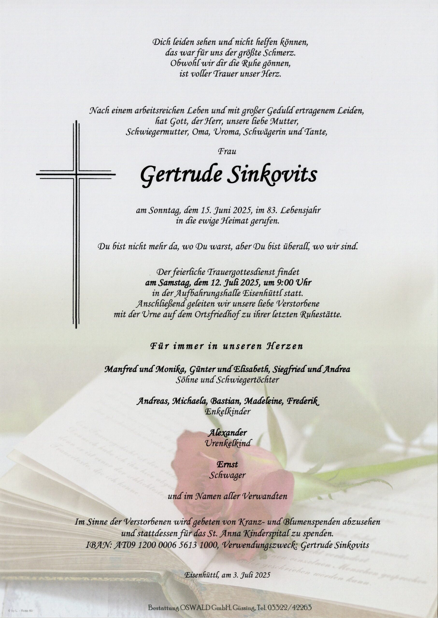 Sinkovits Gertrude Trauerparte